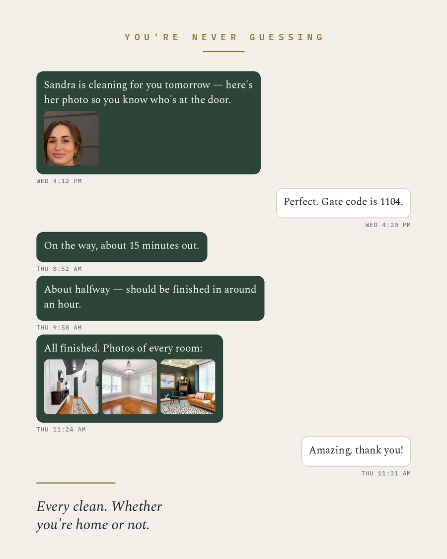 Text messages from Stone & Sill: the cleaner's name and photo the day before, an on-the-way text, a progress update partway through, and photos of every room when finished.